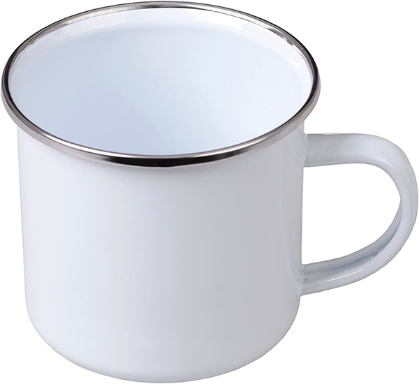 Emaille Tasse, 350 ml, weiß mit Edelstahlrand, inkl. individuellem Motiv