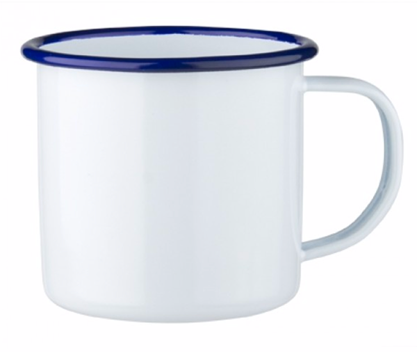 Emaille Tasse, 350 ml, weiß mit blauem Rand, inkl. individuellem Motiv